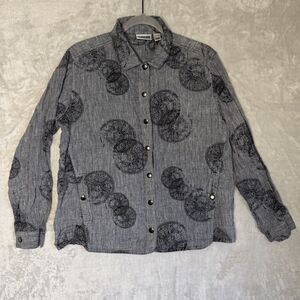 CHICOS Mandala Linen Long Sleeve Gray Black Mayan Shirt Shacket Jacket Sz 1 Med